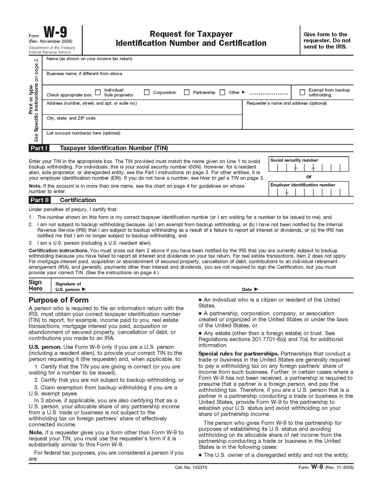 Printable IRS W9 Form